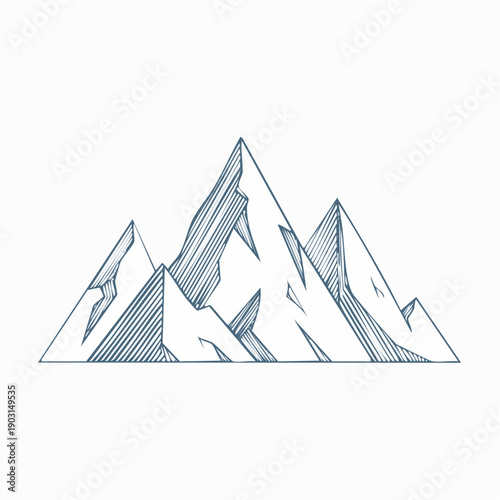 Majestic mountain range illustration with sharp peaks and shaded slopes, evoking a sense of adventure and natural beauty