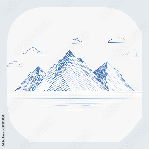 A majestic mountain range rises from calm waters under a sky dotted with clouds, depicted in a striking blue ink sketch illustration