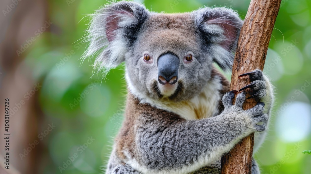 Obraz premium Adorable koala perched on a tree branch surrounded by lush green foliage in bright, natural light