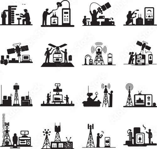 black silhouettes of people working on various communication devices and technology equipment