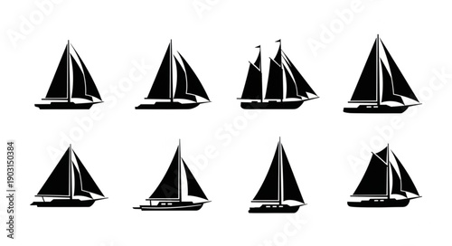 Collection of Diverse Sailboat Silhouettes on White Background.