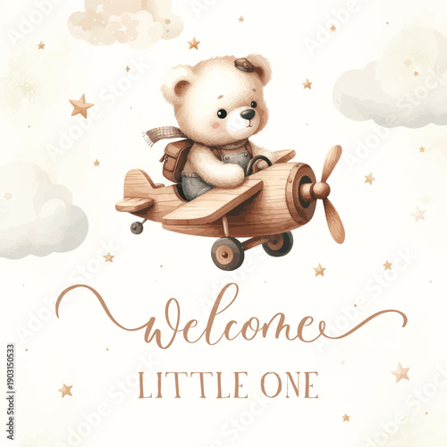 Welcome Little One Teddy Bear Airplane Illustration