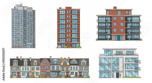 Collection of diverse modern and traditional architectural building styles.