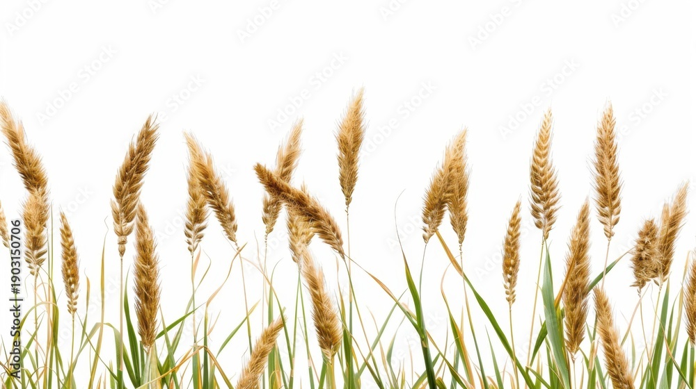 Fototapeta Golden Wheat Grass with Soft Decorative Fluff Against a Bright White Background
