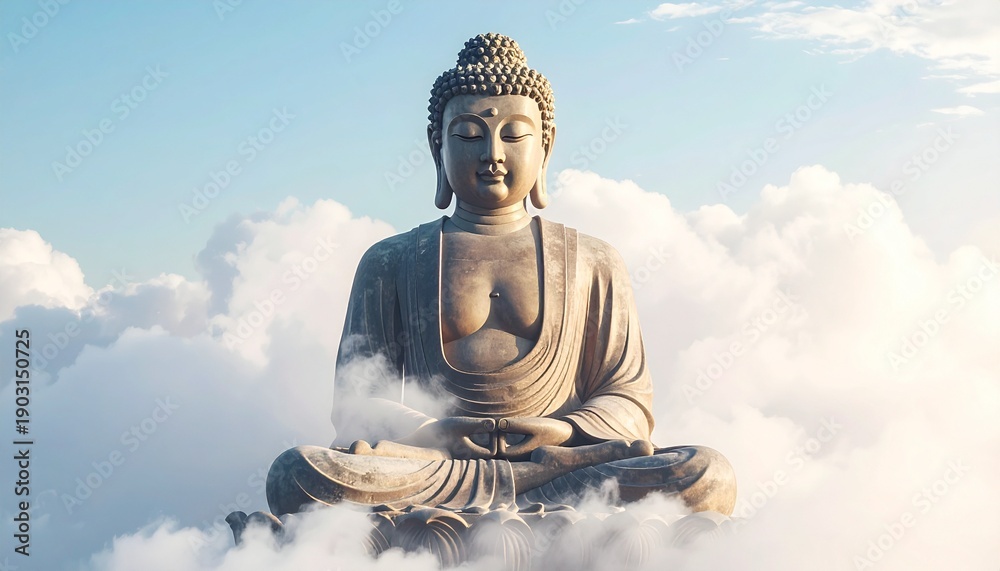 Fototapeta premium Peaceful Buddha statue in meditation pose, surrounded by white clouds and soft mist, balanced composition, natural light, respectful spiritual representation, realistic texture, minimal background, co