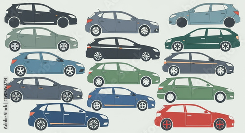 Collection of diverse modern hatchback cars in various colors.