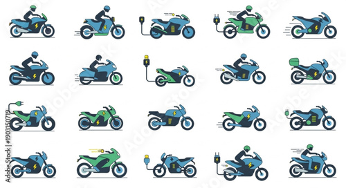 Collection of diverse motorcycles and riders in various poses.