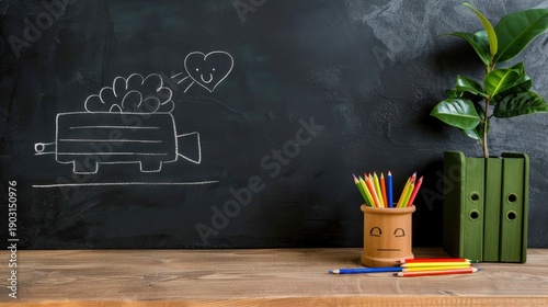 Wallpaper Mural Creative classroom scene with chalkboard, colorful pencils, little plant, and playful drawing of a truck and a heart Torontodigital.ca