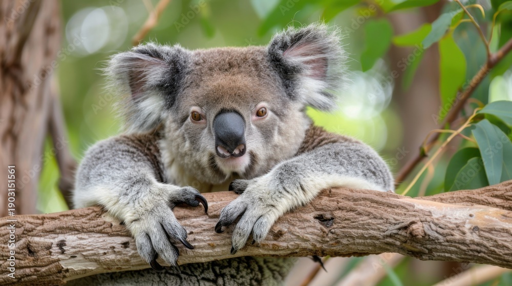 Obraz premium Close-Up of a Koala Relaxing on a Branch Surrounded by Green Eucalyptus Leaves in a Natural Habitat