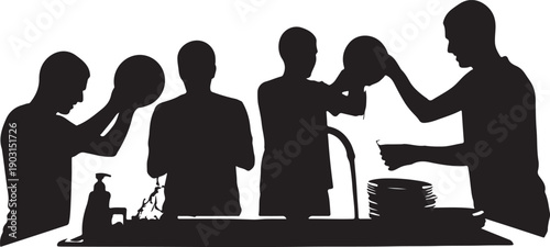 Silhouetted figures washing dishes at a sink, various poses and angles.