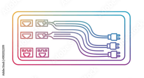 Colorful line art illustration of a network or power distribution panel with multiple ports and