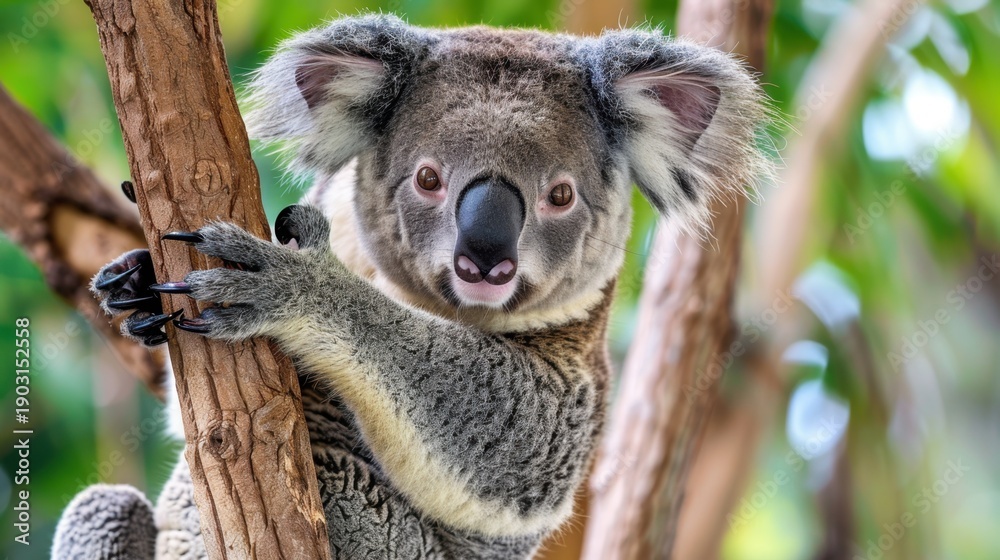 Fototapeta premium Close-up of a Koala Climbing a Tree Branch in a Natural Habitat Surrounded by Lush Greenery and Soft Lighting