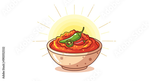Vibrant cartoon spicy chili sauce in a bowl with hot peppers radiating warmth and flavor