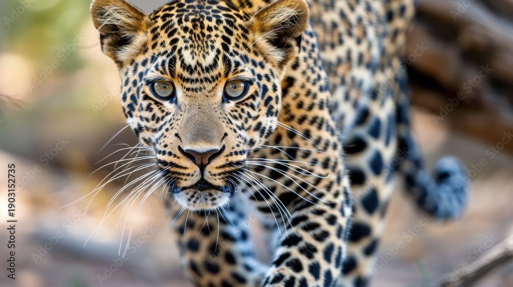 Fototapeta premium Striking Close-Up of a Majestic Leopard in Natural Habitat, Showcasing Its Unique Spots and Intense Gaze