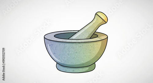 Cartoon illustration of a traditional stone mortar and pestle tool for grinding spices herbs and