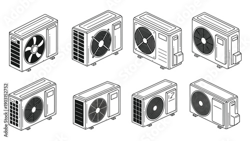 Collection of refrigeration condensing unit and fan drawings for industrial cooling systems vector