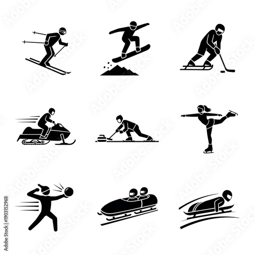 Vector graphics of various winter sports icons including curling, skiing, and snowmobiling in black silhouette style on a white background.