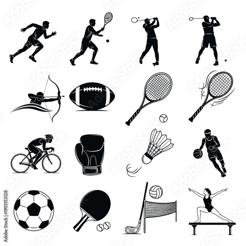 Vector graphic illustration of various winter and summer sports icons including curling, tennis, and badminton silhouettes on a white background with bold lines.