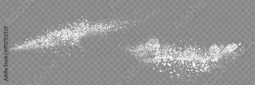 Sugar or salt powder piles set isolated on transparent background. Vector realistic illustration of white dry substance scattered on surface, ground food seasoning,