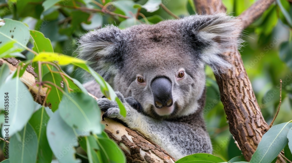 Fototapeta premium Close-up of a Koala Relaxing in a Tree Among Green Leaves in Its Natural Habitat