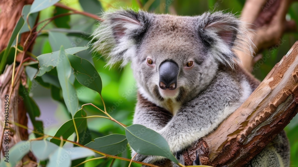 Fototapeta premium Close-Up of a Koala Sitting on a Branch Surrounded by Eucalyptus Leaves in Its Natural Habitat