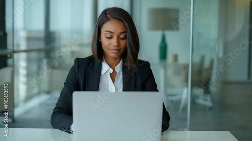 Professional businesswoman laptop office professional focused confident composed working with