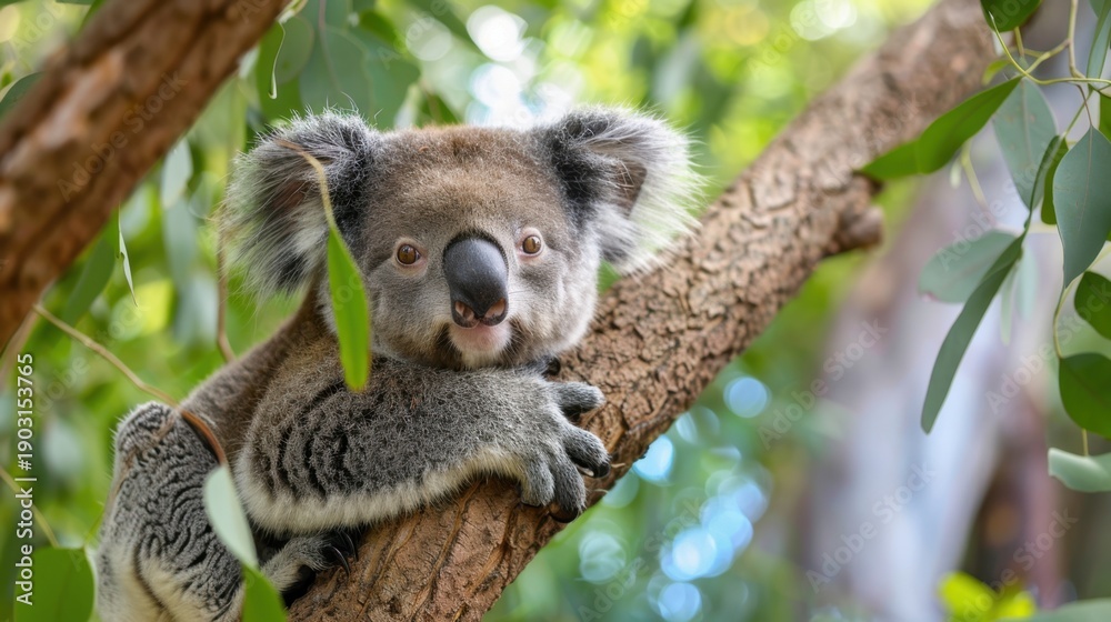 Fototapeta premium Cute koala resting on a eucalyptus tree branch amidst green foliage in a sunny natural habitat