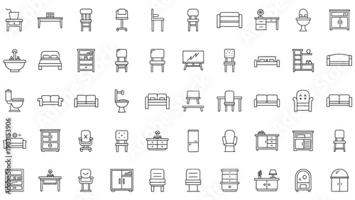  Detailed technical drawings of assorted furniture pieces, presented as isolated vector illustrations on a transparent background.