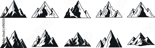 Collection of stylized mountain peak vector silhouettes for outdoor adventure logos, hiking badges, nature travel icons, and camping landscape design.