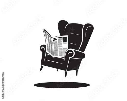 Black Armchair with Newspaper on White Background