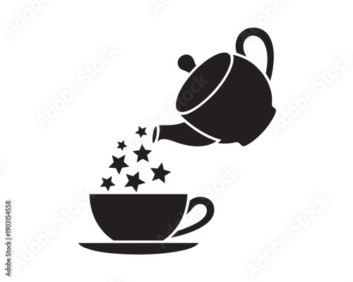 Black Teapot Pouring Stars into Cup on White