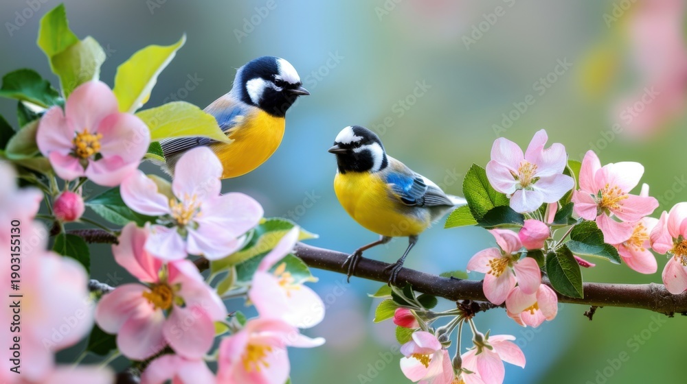 Obraz premium Beautiful Blue Tits on a Flowering Branch Surrounded by Pink Blossoms in a Spring Garden Setting