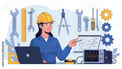 Female engineer wearing a yellow hard hat, analyzing technical schematics on a tablet, surrounded by engineering tools and mechanical gears, detailed and professional illustration