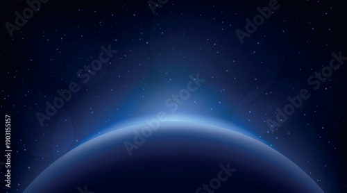 Glowing planet horizon with soft sunrise light in starry space.