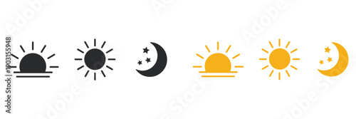 Day and night icons set. Morning sunrise, noon sun, and night moon with stars symbols. Morning and night. Day and night weather forecast symbol. Rising and setting sun, crescent moon, and star