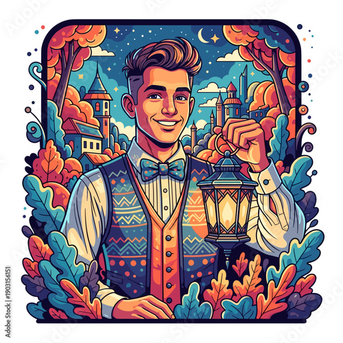 Stained glass window illustration of Jesus inside a church with colorful artistic design