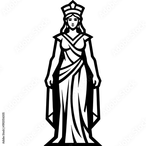 Majestic crowned goddess in ornate tiara, flowing cape and robes, determined expression, black and white vector statue, Athena or justice female icon