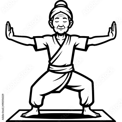 Elderly woman in qigong stance, wide legs, arms extended palms out, turban, closed eyes serene smile, black and white vector tai chi yoga logo