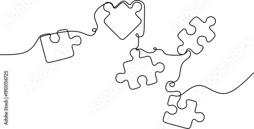 Continuous line drawing of scattered puzzle pieces for teamwork and solution concept.