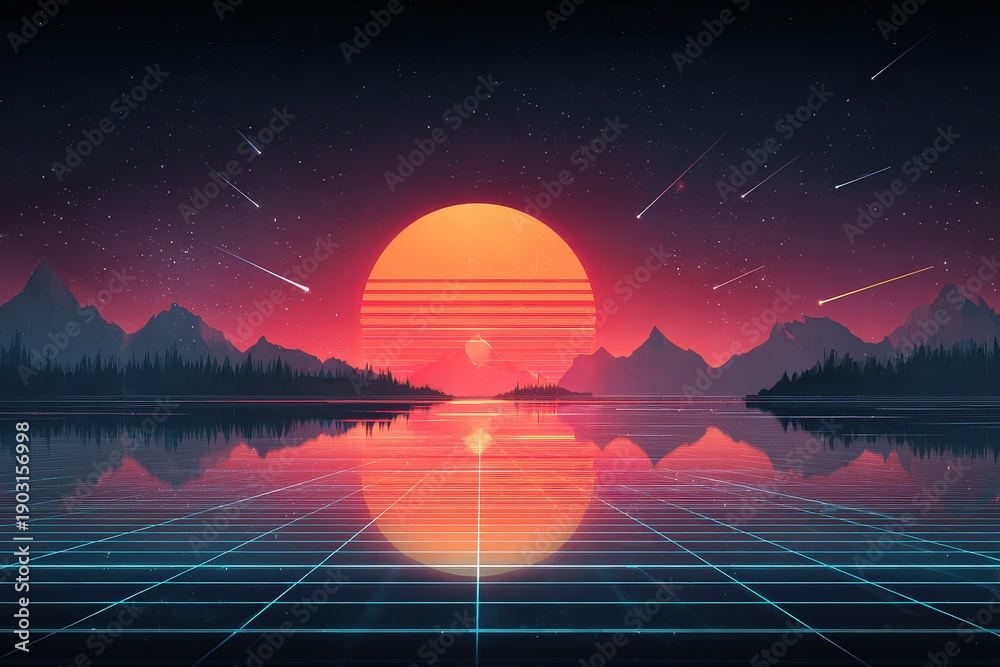 Obraz premium Futuristic Sunset Landscape with Grid Reflection and Shooting Stars in Retro Style Digital Art