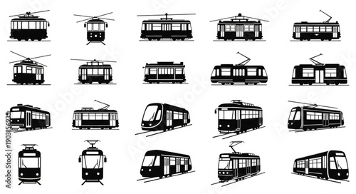 Collection of diverse tram silhouettes for transportation concepts.