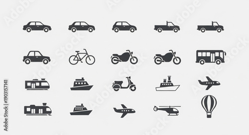 Collection of diverse transportation vehicle icons in silhouette.