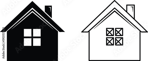 Set of black house icons featuring a solid silhouette and a thin line version with windows and chimney isolated on white for real estate design