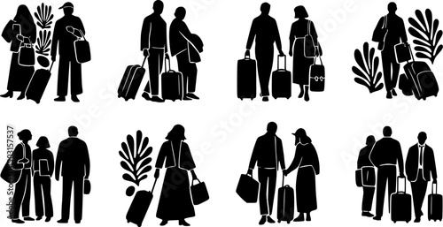 Set of traveler silhouettes with luggage and suitcases: people going on vacation or business trip. Black vector illustrations isolated on white terminal