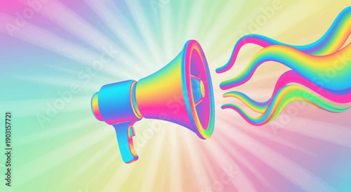 Colorful megaphone broadcasting vibrant rainbow sound waves against a pastel radiant background