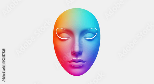 Abstract human face mask adorned with a vibrant gradient of rainbow colors, showcasing modern