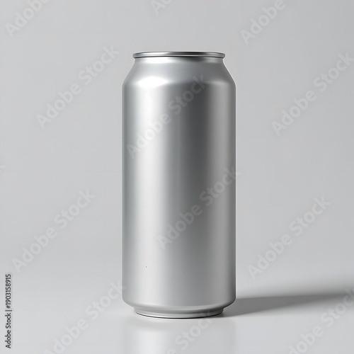 Sleek silver can standing upright on a plain background with subtle lighting effects. 12 oz can mockup