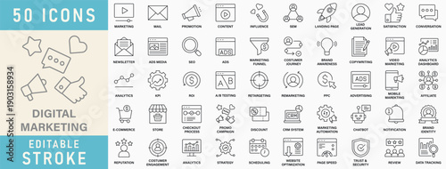 Digital marketing icon collection. Editable stroke. Vector illustration.
