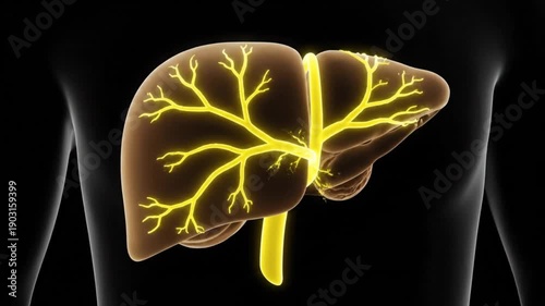 3D rendering of a human liver with illuminated internal bile ducts or vascular system.