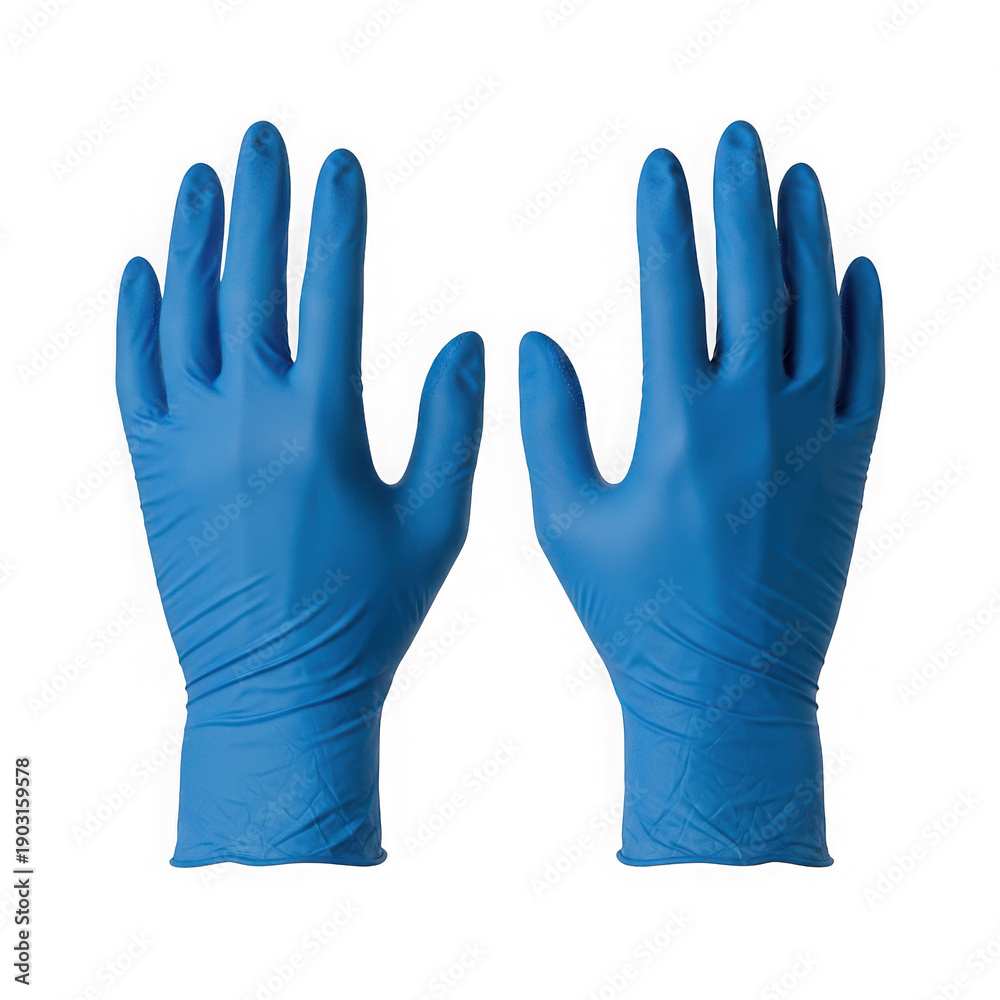 Obraz premium A pair of blue disposable nitrile gloves held up against a plain background